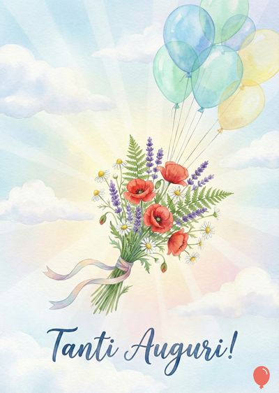 Acquerello con bouquet di fiori rossi, lavanda, margherite legato con nastro. Palloncini blu, verdi e gialli fluttuano in un cielo azzurro con raggi di sole. In basso, la scritta «Tanti Auguri!».