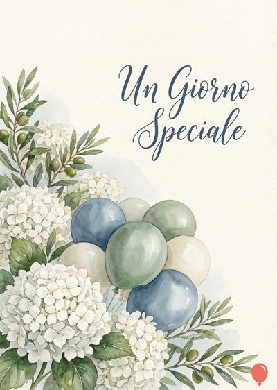 Un bouquet di ortensie bianche e foglie verdi contorna un gruppo di palloncini azzurri, verdi e bianchi. Sullo sfondo, la scritta in corsivo « Un Giorno Speciale ». Stile acquerello.