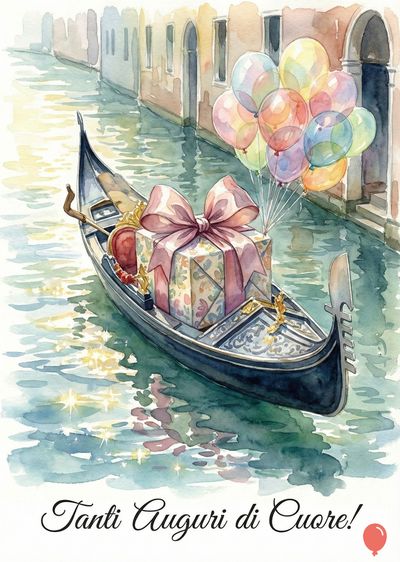 Acquerello di gondola su canale. Un pacco regalo con fiocco rosa e palloncini multicolore. Sullo sfondo edifici. Scritta in corsivo: «Tanti Auguri di Cuore!».