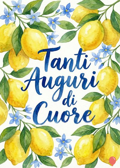 Un acquerello con limoni gialli, foglie verdi e piccoli fiori blu. In alto, in blu scuro, la scritta «Tanti Auguri di Cuore». Lo stile è naturalistico e floreale.