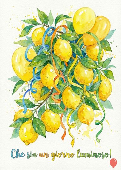 Acquerello di limoni gialli su rami con foglie verdi, nastri colorati e palloncini. In basso, la scritta «Che sia un giorno luminoso!». Sul fondo, schizzi gialli.
