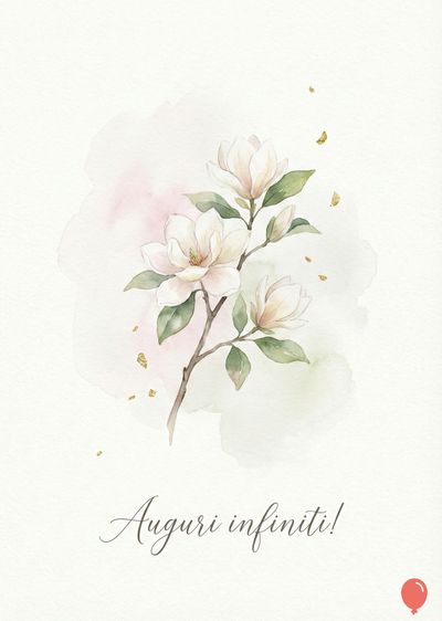 Rappresentazione pittorica di fiori bianchi su ramo marrone, con foglie verdi. Presenza di macchie di colore rosa e verde chiaro. Decorazioni dorate sparse. In basso, scritta: «Auguri infiniti!». Sulla destra, un palloncino rosso.
