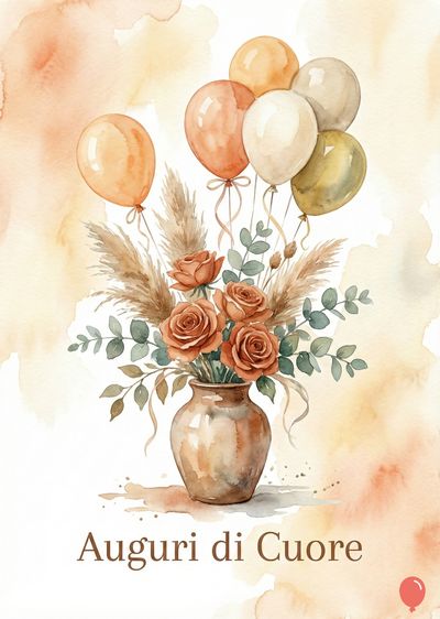 Acquerello con vaso di fiori arancioni e palloncini multicolore. Bouquet con rose e foglie verdi, pampas. Palloncini arancioni, rosa, crema e verde salvia. Contorno sfumato ocra. Scritta «Auguri di Cuore».