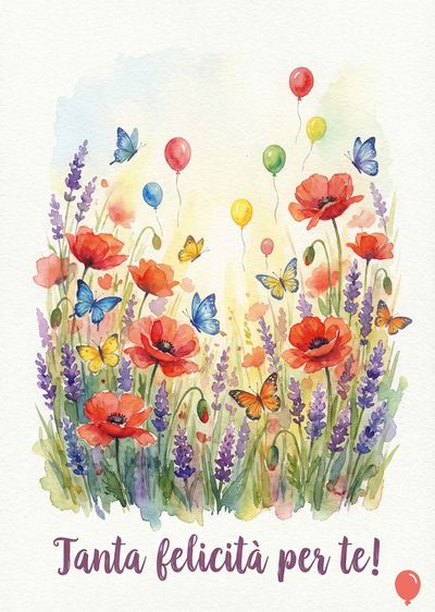 Fiori rossi, lavanda, farfalle colorate e palloncini fluttuanti. In alto un cielo sfumato con giallo e azzurro. Sotto, scritto in viola: «Tanta felicità per te!». Stile acquerello.