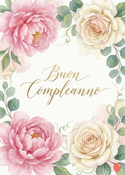 Un composizione floreale acquerellata con fiori di peonia rosa e rose bianche. Foglie verdi e tralci. In corsivo dorato la scritta «Buon Compleanno» su un fondo bianco.