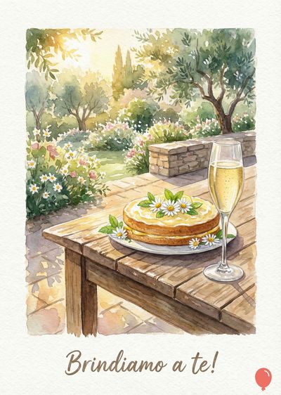 Acquerello: torta decorata con fiori bianchi su tavolo legno, bicchiere spumante. Sulla sfondo giardino soleggiato. Scritta in basso: «Brindiamo a te!». Stile pittorico.