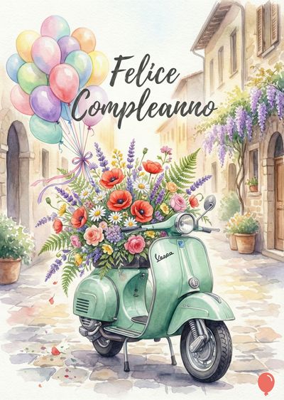 Acquarello di una Vespa verdeacqua carica di fiori e un mazzo di palloncini. Su strada acciottolata, un vicolo con edifici e glicini. Scritta: «Felice Compleanno».