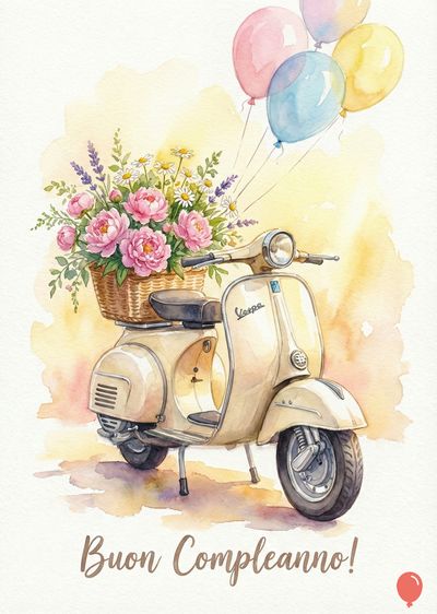 Acquerello di una Vespa beige con cesto di fiori e palloncini. Sopra il veicolo, un cesto di fiori rosa, bianchi e lilla. In cielo, tre palloncini colorati. Sotto, la scritta «Buon Compleanno!».