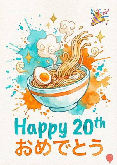 水彩スタイルの20周年を祝うカード。中央にラーメン丼ぶりがあり、麺、卵、湯気が描かれている。背景には水色とオレンジ色の飛沫が描かれ、星やクラッカー、«Happy 20th» や «おめでとう» という文字が見える。