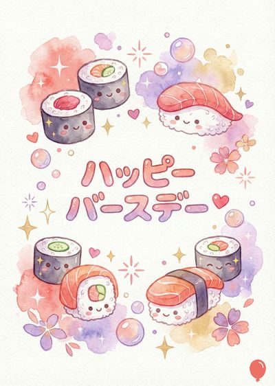 水彩画風の、寿司をモチーフにしたバースデーカード。色とりどりの寿司が描かれており、キャラクターのような顔が描かれている。ピンクと紫の水彩風の装飾が周りを囲み、桜の花、キラキラとした星、泡が散りばめられている。中央にはピンクと紫で«ハッピーバースデー»と書かれている。