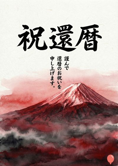 水彩画風の、富士山を描いた作品。上部に太い筆致の筆文字で«祝還暦»と書かれ、下に«謹んで還暦のお祝いを申し上げます»の文字。富士山は赤色、茶色、白の色合いで描かれ、雲は青と灰色。全体的に淡い色調。