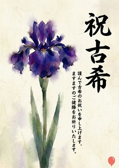 水彩画スタイルの紫色の菖蒲。黄土色の紙のような支持体の上に置かれています。上部には、太い黒い筆で書かれた日本語の書道文字があり、 «祝古希» と書かれています。下部の左側には、細い丸い筆で書かれた文章があります: «謹んで古希のお祝いを申し上げます。ますますのご健勝をお祈りいたします»。