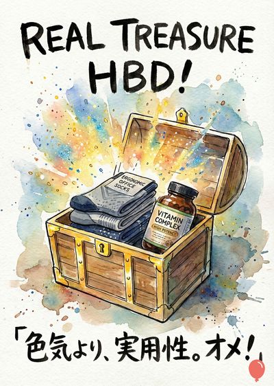 水彩画風の手描きイラスト。開いた宝箱の中に、靴下、サプリメントボトル。上部に «REAL TREASURE HBD!»、下部に «色気より、実用性。オメ！» と記述。宝箱の背景には、様々な色合いの光が広がる。