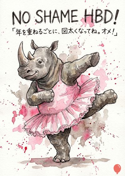 水彩画風の、グレーのサイがピンクのチュチュを着て踊っている。右上には«NO SHAME HBD!»の文字があり、その下には«年を重ねるごとに、図太くなってね。オメ！」»と書かれている。ピンクとグレーの飛沫が周囲に彩られている。