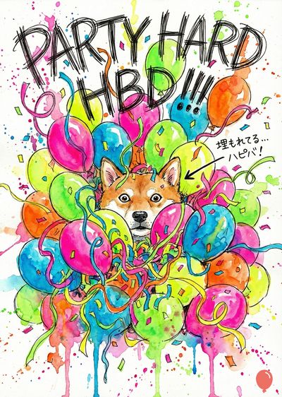 水彩画。風船の中に柴犬が顔を出す。カラフルな風船、リボン、紙吹雪は、ピンク、緑、青、オレンジ、黄色で描かれている。上部には「PARTY HARD HBD!!!」という手書き文字がある。風船の一部には、顔の表現が描かれている。風船の横には矢印で指された文章《埋もれてる...ハピパ!》がある。