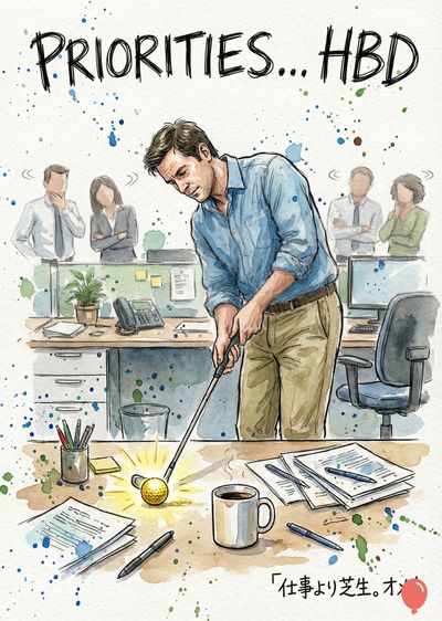 水彩画。ビジネスシーンで、男性がゴルフのクラブで机上のゴルフボールを打とうとしている。周りには書類、ペン、マグカップ、ゴルフボールがあり、上司や同僚らしき人物がオフィスデスクの奥に立って見ている。上部には«PRIORITIES... HBD»、下部には«仕事より芝生。オン»の文字がある。