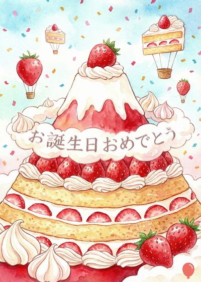 多層のケーキに似た水彩画。ケーキの上部にはイチゴと白いクリームの飾りがあり、中央には «お誕生日おめでとう» という文字がある。イチゴのバルーンとケーキの一部が上昇している様子。背景には水色とピンクの点が散らばっている。