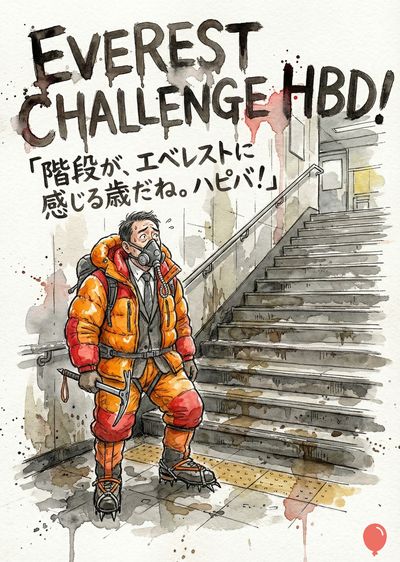 登山服とマスクを着用し、ピッケルを持った男が階段を見上げている。階段は上向きに伸び、壁には手すりが設置されている。上部には「EVEREST CHALLENGE HBD!」と書かれ、その下に日本語で« 階段が、エベレストに感じる歳だね。ハピバ！ »と書かれている。水彩画様式。