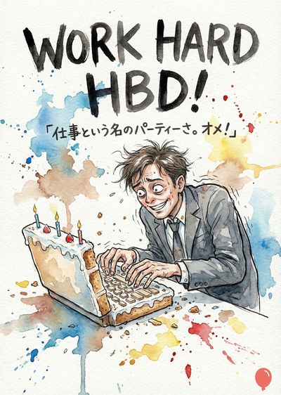 手描きの人物が、パソコンの形をしたケーキを前に、キーボードを叩いている。 頭上には「WORK HARD HBD!」の文字、その下には日本語のフレーズが書かれている。 水彩画風の表現で、ケーキの周りにはインクが飛び散っている。