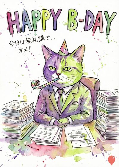 紫と緑の配色で描かれた猫が、スーツとネクタイを着て、机に座っている。頭に誕生日の帽子をかぶり、くわえタバコのような吹き出しがある。ハッピーバースデーの文字と日本語の挨拶が添えられている。水彩画風のスタイルで、さまざまな色の飛沫が描かれている。