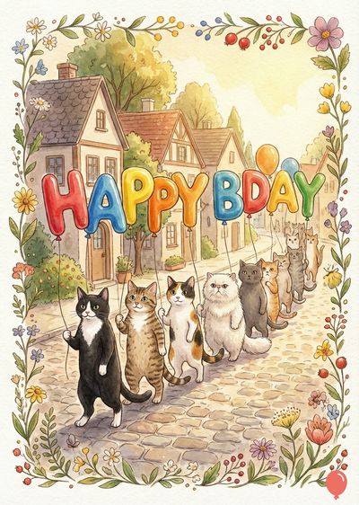 田舎の街並みを背景に、猫が風船を持って行進している。カラフルな気球は文字で書かれている:«HAPPY BDAY»。周囲は、花と葉で飾られたフレームで囲まれている。猫は全て立っており、様々な毛色で描かれている。街並みは水彩画のようなスタイルで描かれている。