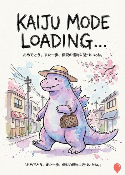 紫色の怪獣が街を歩いている水彩風の描写。怪獣は薄茶色の帽子と茶色のショルダーバッグを持ち、街並みを背景にしている。上部には «KAIJU MODE LOADING...» と黒い文字で書かれ、その下に日本語のフレーズがある。