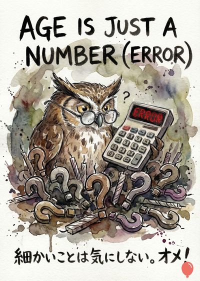 水彩画風の、老眼鏡をかけたフクロウが電卓を持ち、数字の代わりに «ERROR» という表示を注視している様子。フクロウの周りにはハテナマークとロウソクが散りばめられ、上部には « AGE IS JUST A NUMBER (ERROR) »、下部には日本語の文字がある。