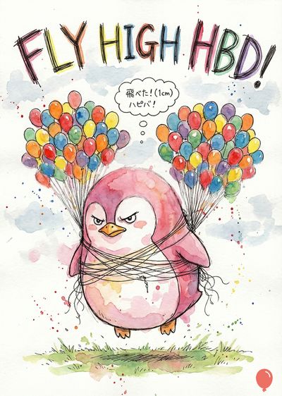 水彩風の、ペンギンの誕生日を祝うデザイン。ピンク色のペンギンはロープで縛られ、怒った表情で、両手にカラフルな風船の束を持っている。ペンギンの頭上には、「FLY HIGH HBD!」の文字が太い輪郭で描かれている。吹き出しには日本語の«飛べた！(1cm) ハピバ！»の文字が描かれている。ペンギンの下には緑色の草があり、水彩画の様々な色の汚れが散らばっている。