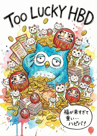 青いフクロウを中心に、日本の縁起物が描かれた構成。フクロウは金貨の山に埋もれ、周りには赤い達磨、招き猫、宝くじが描かれている。上部には筆記体で「Too Lucky HBD」と書かれており、フクロウの口元には「福が来すぎて重い…ハピバ！」と書かれた吹き出しがある。カラフルな水彩画風のスタイル。