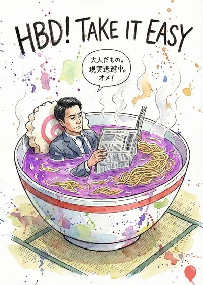 漫画スタイルで、男性が紫色のスープに浸かっている大きなラーメン鉢の中に座り、新聞を読んでいる。鉢には黄色い麺とピンクの巻きが入っており、水彩画のスプラッターで装飾されている。上には「HBD！TAKE IT EASY」と「大人だもの。現実逃避中。オメ！」という吹き出しがある。