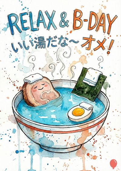 丼に入った水彩画。 豚肉と温泉に入っている卵、海苔、温泉に入っている豚肉が描かれている。 上部には« RELAX & B-DAY »と日本語でのメッセージが書かれており、水滴と水彩画の装飾が施されている。
