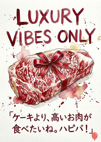 水彩画風の、肉の塊の上にリボンの飾り、赤色と白の模様。上部に «LUXURY VIBES ONLY» と書かれたタイトル、下に日本語の表現 «ケーキより、高いお肉が食べたいね。ハピバ！ » が書かれている。周りに飛び散った赤い水彩表現がある。