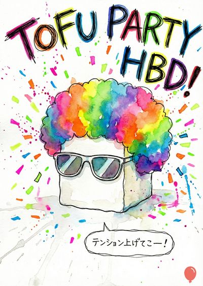 正方形の豆腐のキャラクターが、虹色の髪のような頭とサングラスをかけている。豆腐の頭上には«TOFU PARTY HBD!»の文字があり、周囲にはカラフルな紙吹雪が散らばっている。下の吹き出しには、日本語で«テンション上げてこー！»と書かれている。水彩絵の具のスタイル。