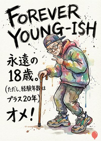 水彩画風の、高齢男性が描かれたもの。キャップ、メガネ、カラフルなパーカー、ジーンズ、スニーカーを着用し、ステッキを持ちピースサインをしている。上部に «FOREVER YOUNG-ISH»、中央に«永遠の18歳。»と日本語が書かれ、その下に«プラス20年»、最下部に «オメ！» と書かれている。周囲に水彩の飛沫模様がある。