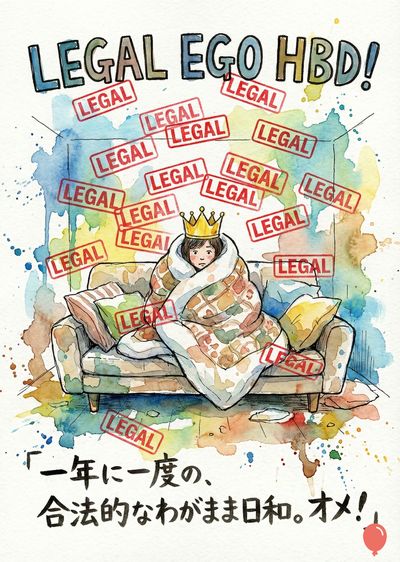 水彩画スタイル。王冠をかぶり毛布に包まれた人物が、ソファに座っている。頭上には«LEGAL»のスタンプが散りばめられ、背景には水彩画風のインクの飛び散りがある。上部に«LEGAL EGO HBD!»、下部に日本語の文言がある。