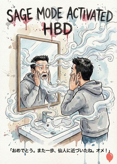 水彩画風の、グレーのパーカーを着た男性が、鏡に映った自分を見ている様子。鏡の中の男性は、白い長いひげと眉を持ち、驚いた表情をしている。男性の周りには煙のようなものが漂っている。画面上部には、《SAGE MODE ACTIVATED HBD》の文字がある。下部には日本語の文字がある。