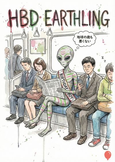 電車内の、地球人たちに囲まれたエイリアンの水彩風作画。「HBD EARTHLING」の文字が緑と赤で描かれ、エイリアンは「BIRTHDAY BOY」と書かれたリボンをかけている。吹き出しには日本語で «地球の歳も悪くない» と書かれている。他の乗客は、スーツを着たり、新聞を読んだり、携帯電話を使用している。