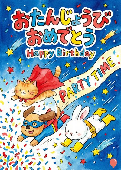 青色の基調に、誕生日を祝うカラフルな要素。上部に «おたんじょうび おめでとう Happy Birthday» があり、星が散りばめられている。赤いマントと王冠をつけた猫、マスクと青い服の犬、黄色いブーツを履いたウサギが飛んでいる。«PARTY TIME»が描かれた帯が走っている。紙吹雪。