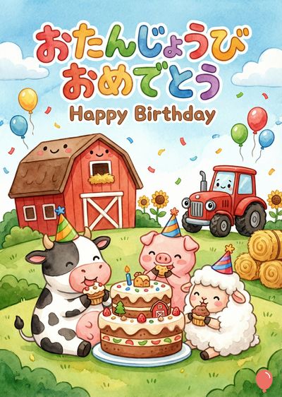 青空の下、芝生には、小屋、赤いトラクター、干し草、誕生日ケーキの周りに集まる、牛、豚、羊たち。上部にカラフルな文字で« おたんじょうび おめでとう Happy Birthday »と書かれている。風船と紙吹雪が散りばめられている。