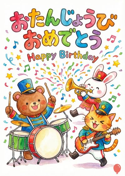 お祝いのカード。カラフルな文字で«おたんじょうび おめでとう»と«Happy Birthday»と書かれている。楽隊の帽子と服を着たクマ、ウサギ、ネコの3人がそれぞれドラム、トランペット、ギターを持っている。音符と紙吹雪が舞っている。水彩スタイルのタッチ。