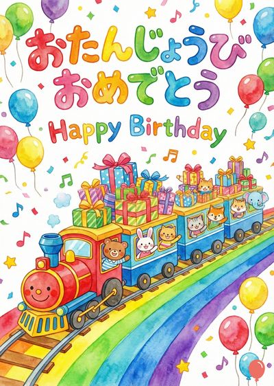 水彩風の、お誕生日を祝うカラフルな場面の描写。カラフルな風船が浮かび、星と音符が散りばめられている。線路を走る列車には贈り物と動物たちが乗り込み、上部には日本語の«おたんじょうび　おめでとう»と、英語で«Happy Birthday»の文字が描かれている。