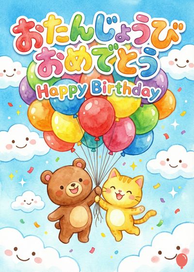 青空に浮かぶ、さまざまな色の風船を掴んで嬉しそうにしているクマと猫のキャラクター。風船の上には、日本語で「おたんじょうびおめでとう」の文字と英語で「Happy Birthday」の文字が書かれている。雲と星が飾り付けられている。全体的に明るく可愛らしい水彩風の作風。