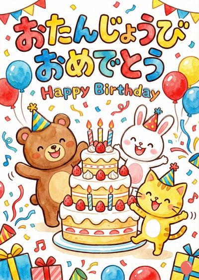 誕生日をテーマにした淡い水彩スタイルのもので、クマ、ウサギ、猫がケーキを囲んでいる。ケーキは３段で、イチゴ、ローソク、クリームが飾られている。 上部には、赤、黄色、青の飾り、風船があり、紙吹雪とプレゼントが散りばめられている。 日本語で «おたんじょうび　おめでとう Happy Birthday» と書かれている。