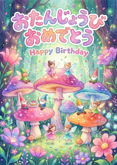 水彩画のバースデーカード。明るい色の木々の間を進むキノコの上で妖精と小人がお祝いをしている。上部中央に«おたんじょうびおめでとう»と«Happy Birthday»の文字がある。花、粉雪のようなもの、妖精が飛び回っている様子が見える。