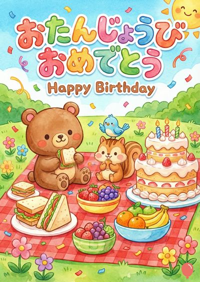 お誕生日を祝うカラフルな場面。上部には日本語で «おたんじょうび おめでとう»と英語で«Happy Birthday»というメッセージが表示。クマとリスがサンドイッチを食べており、その上には青い鳥がいます。ケーキや果物も描かれ、ピクニックのテーマが表現されている。
