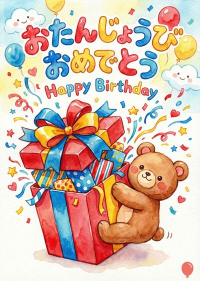 水彩画風の誕生日祝いのカード。赤いプレゼントボックスに、リボンがかかったプレゼントが積み重なっている。茶色のクマがボックスを抱えている。上部に風船、雲、星、ハート、紙吹雪など。上部に «おたんじょうび おめでとう Happy Birthday» の文字。