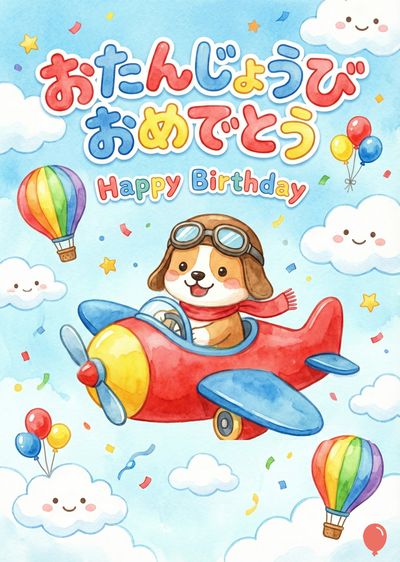 空中に浮かぶ、犬が操縦する赤い飛行機。上部には日本語で «おたんじょうびおめでとう» と «Happy Birthday» という文字が描かれている。カラフルな気球と風船が、雲が描かれた青い空に浮かんでいる。