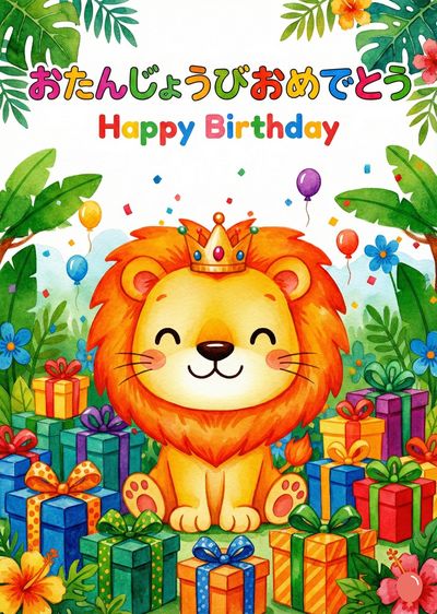 王冠を被った可愛らしいライオンが、誕生日のプレゼントの山の中に座っている水彩画。 ライオンの上には、日本語で «おたんじょうびおめでとう» と «Happy Birthday» が書かれている。周りには風船や花が描かれている。
