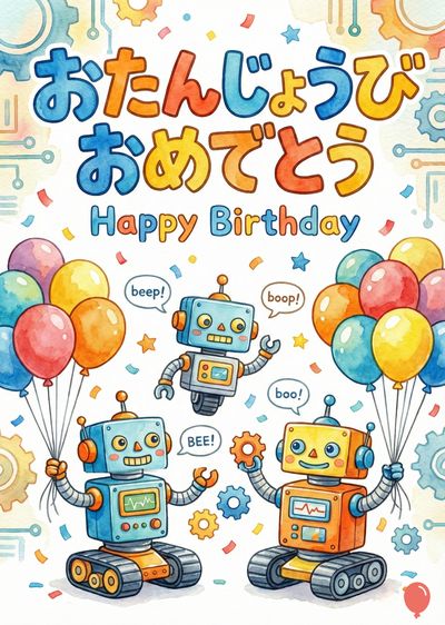 水彩スタイルのバースデーカード。上部に日本語と英語で «Happy Birthday» が描かれている。３体のロボットは風船を持ち、歯車を持つ。風船はカラフルで、ロボットは青、オレンジ、黄色。星と紙吹雪が散らばっている。