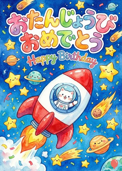 水彩画のバースデーカード。宇宙をテーマに、ロケットに乗った猫、星、惑星、流れ星が描かれている。上部にはマルチカラーで «おたんじょうび おめでとう» と «Happy Birthday» が描かれている。全体的に明るい青色の水彩画風のスタイル。
